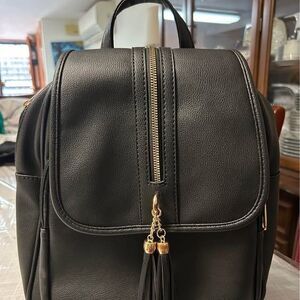 Women's Black Faux Leather Mini Backpack Purse with Tassels
